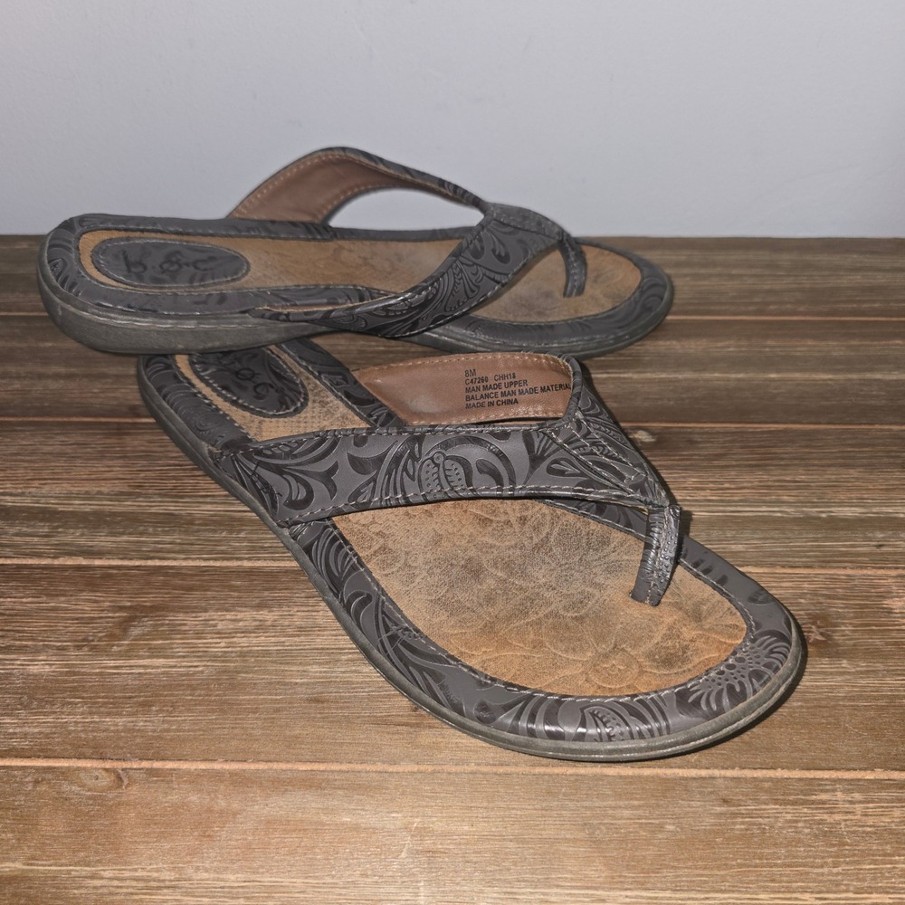 b.o.c. Born Concept Womens 8 Grey Embossed Floral Flip Flop Sandals